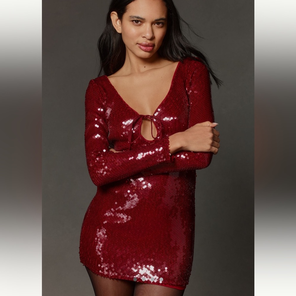 Anthropologie Red Sequin Long Sleeve Dress